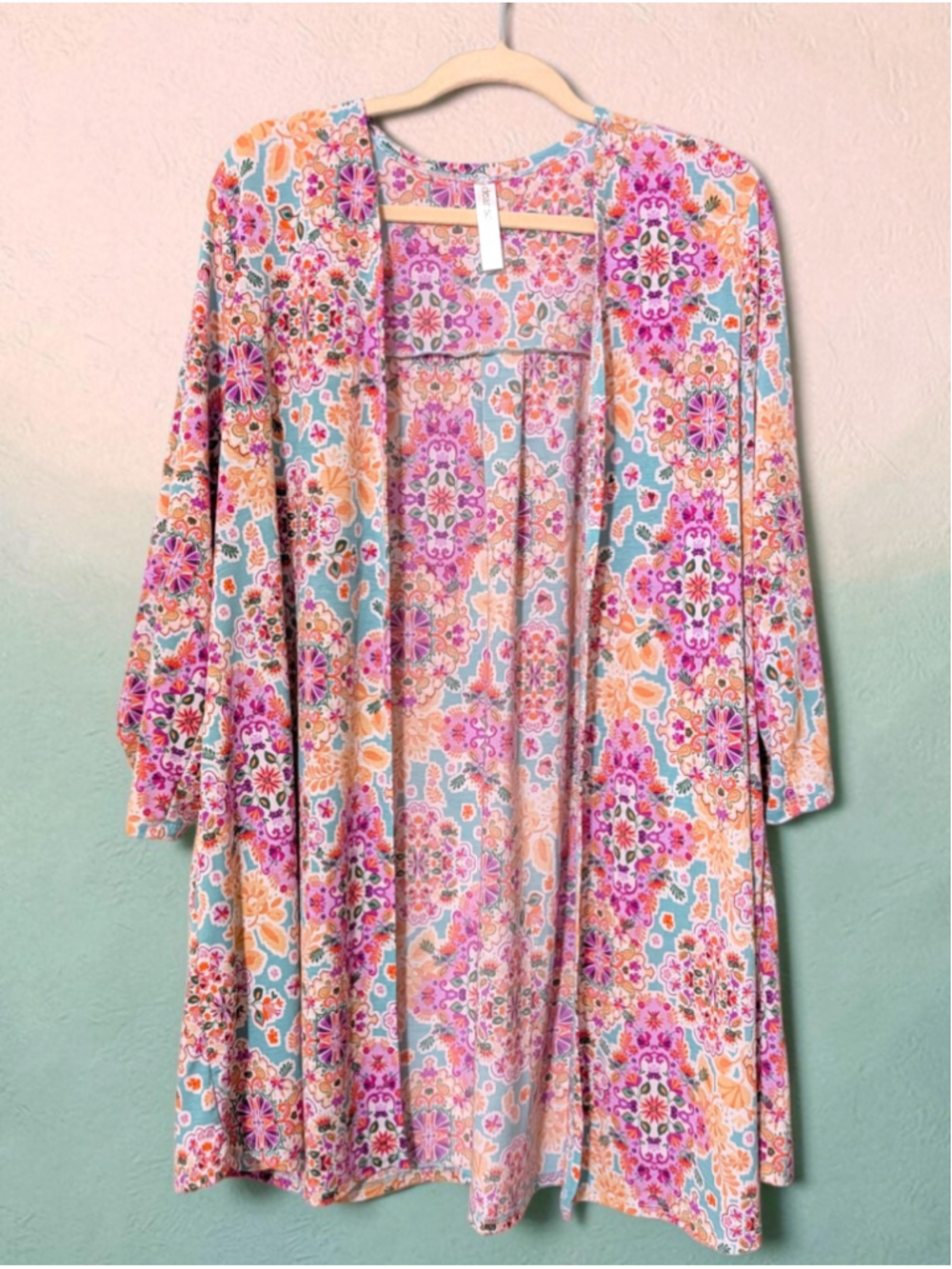 Women's Dear Scarlett Plus 2X Pink Orange Floral Open Front Duster Cardigan